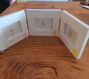 White Newborn Triple Picture Frame with Yellow Accents
